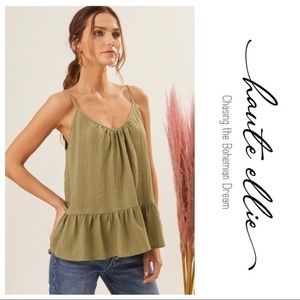 Sage Linen Adjustable Ruffle Hem Top